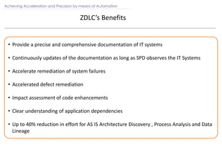 ZDLC’s Benefits
Achieving Acceleration and Precision by means of Automation
• Provide a precise and comprehensive documentation of IT systems
• Continuously updates of the documentation as long as SPD observes the IT Systems
• Accelerate remediation of system failures
• Accelerated defect remediation
• Impact assessment of code enhancements
• Clear understanding of application dependencies
• Up to 40% reduction in effort for AS IS Architecture Discovery , Process Analysis and Data
Lineage
 
