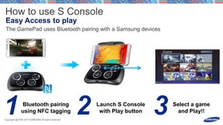 Launch S Console
with Play button
Bluetooth pairing
using NFC tagging
Select a game
and Play!!
 