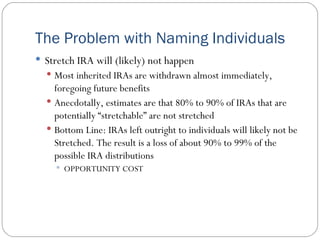 The Problem with Naming Individuals Stretch IRA will (likely) not happen Most inherited IRAs are withdrawn almost immediately, foregoing future benefits Anecdotally, estimates are that 80% to 90% of IRAs that are potentially “stretchable” are not stretched Bottom Line: IRAs left outright to individuals will likely not be Stretched. The result is a loss of about 90% to 99% of the possible IRA distributions OPPORTUNITY COST 