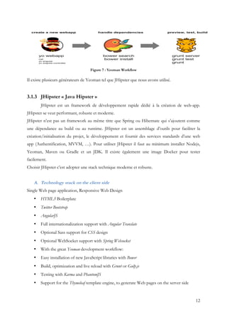 12
Figure 7 : Yeoman Workflow
Il existe plusieurs générateurs de Yeoman tel que JHipster que nous avons utilisé.
3.1.3 JHipster « Java Hipster »
JHipster est un framework de développement rapide dédié à la création de web-app.
JHipster se veut performant, robuste et moderne.
JHipster n’est pas un framework au même titre que Spring ou Hibernate qui s’ajoutent comme
une dépendance au build ou au runtime. JHipster est un assemblage d’outils pour faciliter la
création/initialisation du projet, le développement et fournir des services standards d’une web
app (Authentification, MVVM, …). Pour utiliser JHipster il faut au minimum installer Nodejs,
Yeoman, Maven ou Gradle et un JDK. Il existe également une image Docker pour tester
facilement.
Choisir JHipster c’est adopter une stack technique moderne et robuste.
A. Technology stack on the client side
Single Web page application, Responsive Web Design
• HTML5 Boilerplate
• Twitter Bootstrap
• AngularJS
• Full internationalization support with Angular Translate
• Optional Sass support for CSS design
• Optional WebSocket support with Spring Websocket
• With the great Yeoman development workflow:
• Easy installation of new JavaScript libraries with Bower
• Build, optimization and live reload with Grunt or Gulp.js
• Testing with Karma and PhantomJS
• Support for the Thymeleaf template engine, to generate Web pages on the server side
 