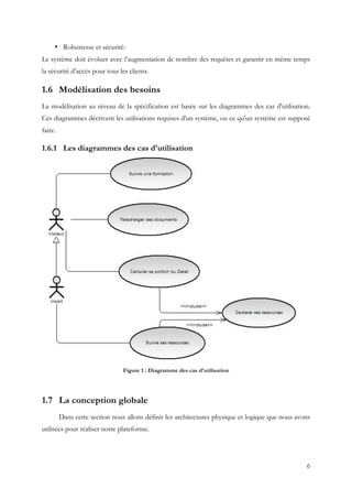 6
• Robustesse et sécurité:
Le système doit évoluer avec l’augmentation de nombre des requêtes et garantir en même temps
la sécurité d’accès pour tous les clients.
1.6 Modélisation des besoins
La modélisation au niveau de la spécification est basée sur les diagrammes des cas d'utilisation.
Ces diagrammes décrivent les utilisations requises d'un système, ou ce qu'un système est supposé
faire.
1.6.1 Les diagrammes des cas d'utilisation
Figure 1 : Diagramme des cas d'utilisation
1.7 La conception globale
Dans cette section nous allons définir les architectures physique et logique que nous avons
utilisées pour réaliser notre plateforme.
 