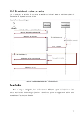 9
1.8.2 Description de quelques scenarios
On va présenter le scenario de calcul de la portion de la Zaket pour un internaute grâce au
diagramme de séquence système suivant :
Figure 4 : Diagramme de séquence "Calculer Portion"
Conclusion	
Tout au long de cette partie, nous avons décrit les différents aspects conceptuels de notre
travail. Nous avons commencé par présenter l'architecture globale de l'application ensuite nous
avons illustré l'architecture détaillée.
 