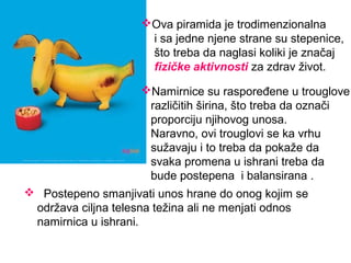  Postepeno smanjivati unos hrane do onog kojim se
održava ciljna telesna težina ali ne menjati odnos
namirnica u ishrani.
Ova piramida je trodimenzionalna
i sa jedne njene strane su stepenice,
što treba da naglasi koliki je značaj
fizičke aktivnosti za zdrav život.
Namirnice su raspoređene u trouglove
različitih širina, što treba da označi
proporciju njihovog unosa.
Naravno, ovi trouglovi se ka vrhu
sužavaju i to treba da pokaže da
svaka promena u ishrani treba da
bude postepena i balansirana .
 