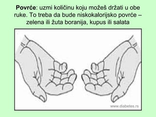 Povrće: uzmi količinu koju možeš držati u obe
ruke. To treba da bude niskokalorijsko povrće –
zelena ili žuta boranija, kupus ili salata
www.diabetes.rs
 