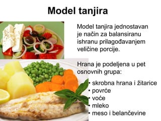 Model tanjira
• skrobna hrana i žitarice
• povrće
• voće
• mleko
• meso i belančevine
Model tanjira jednostavan
je način za balansiranu
ishranu prilagođavanjem
veličine porcije.
Hrana je podeljena u pet
osnovnih grupa:
 