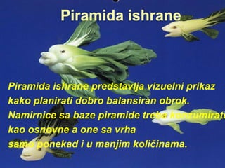 Piramida ishrane predstavlja vizuelni prikaz
kako planirati dobro balansiran obrok.
Namirnice sa baze piramide treba konzumirati
kao osnovne a one sa vrha
samo ponekad i u manjim količinama.
Piramida ishrane
 