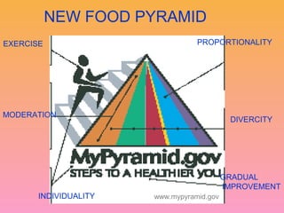 NEW FOOD PYRAMID
EXERCISE
MODERATION
INDIVIDUALITY
PROPORTIONALITY
DIVERCITY
GRADUAL
IMPROVEMENT
www.mypyramid.gov
 