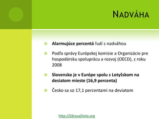 N ADVÁHA

   Alarmujúce percentá ľudí s nadváhou

   Podľa správy Európskej komisie a Organizácie pre
    hospodársku spoluprácu a rozvoj (OECD), z roku
    2008

   Slovensko je v Európe spolu s Lotyšskom na
    desiatom mieste (16,9 percenta)

   Česko sa so 17,1 percentami na deviatom




       http://ZdravaDieta.org
 