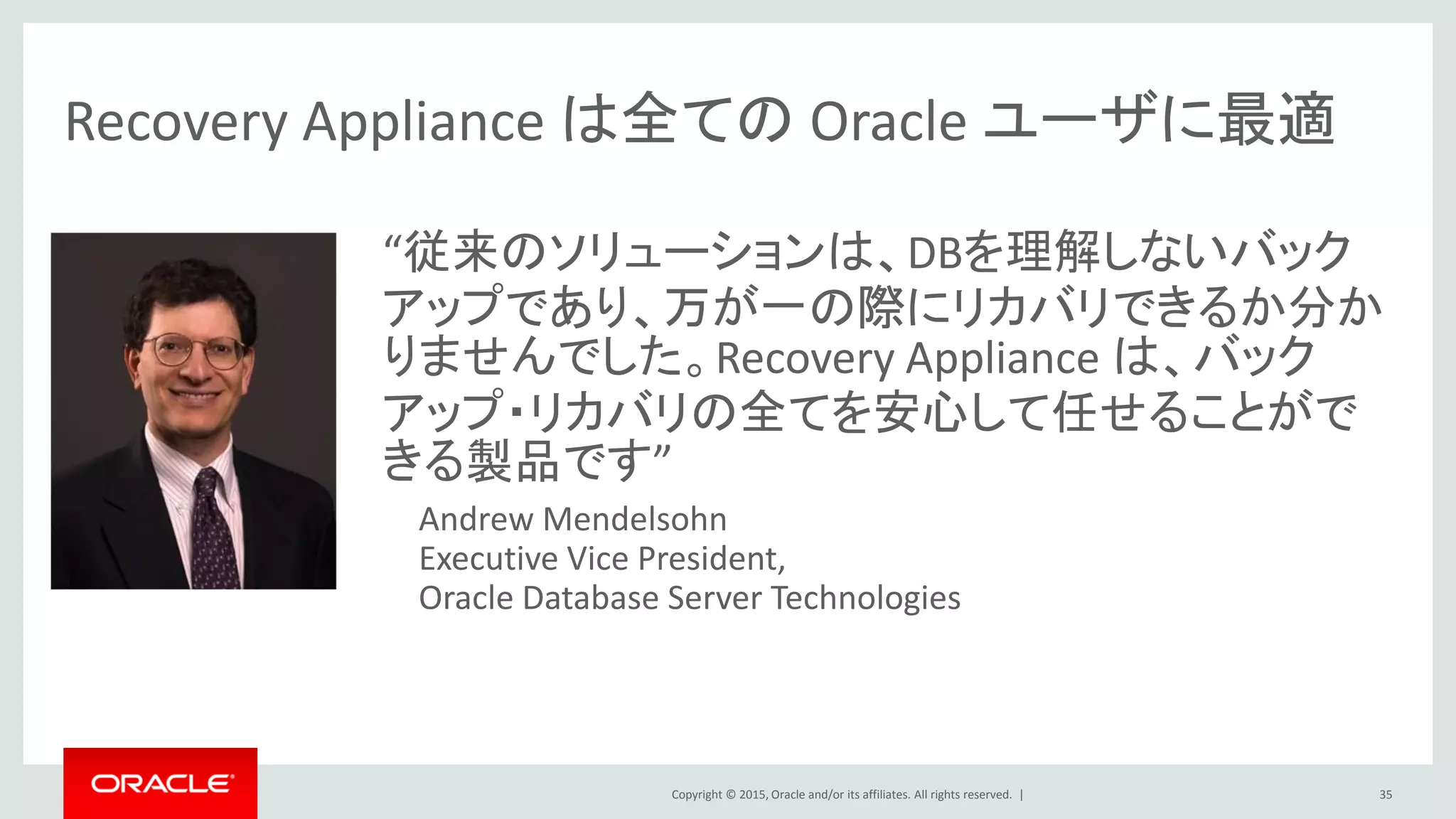 Copyright © 2016, Oracle and/or its affiliates. All rights reserved. |
Oracle MAA: サービス・レベル区分（要件） これから
35
GOLD 包括的な高可用性と災害からの保護
データロス：ゼロもしくはほぼゼロ
SILVER ローカルサイト障害に対する高可用性
データロス：バックアップ＋REDOによるリアルタイム保護
BRONZE シングル・インスタンス、基本的なサービス再起動
データロス：バックアップ＋REDOによるリアルタイム保護
PLATINUM 重要アプリケーションに対して無停止
データロス：ゼロ
New!
 