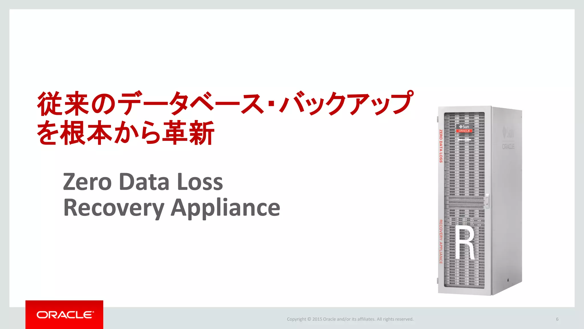 Copyright © 2016 Oracle and/or its affiliates. All rights reserved. 6
従来のデータベース・バックアップ
を根本から革新
Zero Data Loss
Recovery Appliance
 