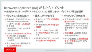 Copyright @ 2016 Oracle and/or its affiliates. All rights reserved.
RPO/RTO要件に基づくデータ保護＆バックアップ手法
目標復旧ポイント(RPO)
目標復旧時間(RTO)
秒
秒
日 ゼロ
日
分
ADG(同期)
ADG(非同期)
OGG
Recovery
Appliance汎用ストレージ
＋RMAN
RTOの違い
RPOの違い
目標復旧ポイント(RPO)
トラブル発生後どの時
点までデータを復旧で
きるようにするかの目
標時点
目標復旧時間 (RTO)
トラブル後に業務を復
旧させるまでの目標時
間
33
N:1
1:11:1
 