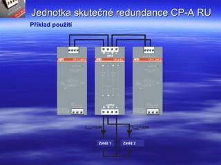 Jednotka skutečné redundance CP-A RUJednotka skutečné redundance CP-A RU
Příklad použití
ABB CP-C24/5.0ABB ABB CP-C24/5.0ABB
Load 1 Load 2
I =2,0Aload2I =2,0Aload1
ABB
+ - + -
+ - + -
INPUT
OUTPUT
+ + - -
+ - + -
Zátěž 1 Zátěž 2
 