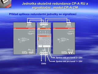 ABB
+ - + -
+ - + -INPUT
OUTPUT
+ + - -
+ - + -
+ -+ -+ -+ -
A B B
CHANN EL 1
CHANN EL 2
OUTPUT < 3V
22 21 2412 11 14
SENSEOUT+
SENSEOUT-
SENSEOUT+
Jednotka skutečné redundance CP-A RU aJednotka skutečné redundance CP-A RU a
signalizační modul CP-A CMsignalizační modul CP-A CM
Příklad aplikace redundantní jednotky se signalizací
A B B CP - C 2 4 / 5 . 0A B B A B B CP - C 2 4 / 5 . 0A B B
Zátěž
Zpráva relé pro kanál 1 < 20V
Zpráva relé pro kanál 2 < 20V
 