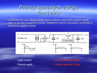 Princip spínaných zdrojůPrincip spínaných zdrojů
řízený zdrojřízený zdroj
 U předchozího typu zdroje nebylo možno jakkoliv ovlivňovat výstupní napětí,U předchozího typu zdroje nebylo možno jakkoliv ovlivňovat výstupní napětí,
např. co se týče výstupního proudu. Zařazením řídícího tranzistoru (controlleru)např. co se týče výstupního proudu. Zařazením řídícího tranzistoru (controlleru)
umožníme regulaci zdroje:umožníme regulaci zdroje:
Lepší zvlnění Horší účinnost 50%
Přesné napětí Velké tepelné ztráty
 