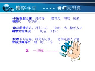 策略与目标 ---- 做专家型教师 不断地学习和应用高等职业教育先进的理论成果、成功的经验与方法； 主动适应市场，用走出去请进来的办法，做好人才需求调研与专业论证的各项工作； 以改革的思路，研究的方法，优化和完善人才培养方案，做好专业建设的每一个环节。 那么一切就 --------------- 