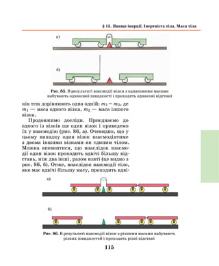 115
ків теж дорівнюють одна одній: m1 = m2, де
m1 — маса одного візка, m2 — маса іншого
візка.
Продовжимо досліди. Приєднаємо до
одного із візків ще один візок і приведемо
їх у взаємодію (рис. 86, а). Очевидно, що у
цьому випадку один візок взаємодіятиме
з двома іншими візками як єдиним тілом.
Можна впевнитися, що внаслідок взаємо-
дії один візок проходить вдвічі більшу від-
стань, ніж два інші, разом взяті (це видно з
рис. 86, б). Отже, внаслідок взаємодії тіло,
яке має вдвічі більшу масу, проходить вдві-
Рис. 85. В результаті взаємодії візки з однаковими масами
набувають однакової швидкості і проходять однакові відстані
Рис. 86. В результаті взаємодії візки з різними масами набувають
різних швидкостей і проходять різні відстані
§ 15. Явище інерції. Інертність тіла. Маса тіла
а)
б)
а)
б)
 