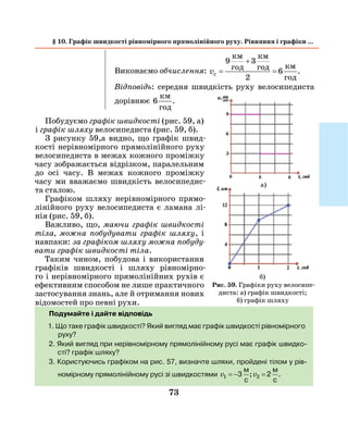 73
Виконаємо обчислення: vc =
+
=
9 3
2
6
км
год
км
год км
год
.
Відповідь: середня швидкість руху велосипедиста
дорівнює 6
км
год
.
Побудуємо графік швидкості (рис. 59, а)
і графік шляху велосипедиста (рис. 59, б).
З рисунку 59,а видно, що графік швид-
кості нерівномірного прямолінійного руху
велосипедиста в межах кожного проміжку
часу зображається відрізком, паралельним
до осі часу. В межах кожного проміжку
часу ми вважаємо швидкість велосипедис-
та сталою.
Графіком шляху нерівномірного прямо-
лінійного руху велосипедиста є ламана лі-
нія (рис. 59, б).
Важливо, що, маючи графік швидкості
тіла, можна побудувати графік шляху, і
навпаки: за графіком шляху можна побуду­
вати графік швидкості тіла.
Таким чином, побудова і використання
графіків швидкості і шляху рівномірно-
го і нерівномірного прямолінійних рухів є
ефективним способом не лише практичного
застосування знань, але й отримання нових
відомостей про певні рухи.
§ 10. Графік швидкості рівномірного прямолінійного руху. Рівняння і графіки ...
Рис. 59. Графіки руху велосипе-
диста: а) графік швидкості;
б) графік шляху
б)
а)
Подумайте і дайте відповідь
1. Що таке графік швидкості? Який вигляд має графік швидкості рівномірного
руху?
2. Який вигляд при нерівномірному прямолінійному русі має графік швидко-
сті? графік шляху?
3. Користуючись графіком на рис. 57, визначте шляхи, пройдені тілом у рів-
номірному прямолінійному русі зі швидкостями v v1 2= − =3
м
c
2
м
c
; .
 