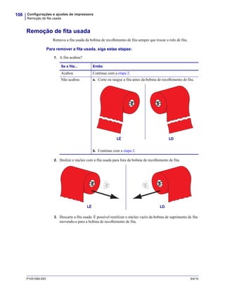 Configurações e ajustes de impressora
Remoção de fita usada
106
P1051584-093 9/4/14
Remoção de fita usada
Remova a fita usada da bobina de recolhimento de fita sempre que trocar o rolo de fita.
Para remover a fita usada, siga estas etapas:
1. A fita acabou?
2. Deslize o núcleo com a fita usada para fora da bobina de recolhimento de fita.
3. Descarte a fita usada. É possível reutilizar o núcleo vazio da bobina de suprimento de fita
movendo-o para a bobina de recolhimento de fita.
Se a fita... Então
Acabou Continue com a etapa 2.
Não acabou a. Corte ou rasgue a fita antes da bobina de recolhimento de fita.
b. Continue com a etapa 2.
LE LD
LE LD
 