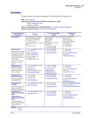 11Sobre este documento
Contatos
9/4/14 P1051584-093
Contatos
O suporte técnico via internet está disponível 24 horas por dia, 365 dias por ano.
Site: www.zebra.com
Solicitação de documentos da biblioteca técnica por e-mail:
E-mail: emb@zebra.com
Assunto: Emaillist
Base de conhecimentos de autoatendimento: www.zebra.com/knowledgebase
Registro on-line de casos: www.zebra.com/techrequest
De qual departamento
você precisa?
Américas
Europa, Oriente Médio
e África
Ásia/Pacífico
e Índia
Sede regional Zebra Technologies Corporation
475 Half Day Road, Suite 500
Lincolnshire, IL 60069 EUA
T: +1 847 634 6700
Ligação gratuita (EUA) +1 866 230
9494
F: +1 847 913 8766
Zebra Technologies Europe Limited
Dukes Meadow
Millboard Road
Bourne End
Buckinghamshire, SL8 5XF
Reino Unido
T: +44 (0) 1628 556000
F: +44 (0) 1628 556001
Zebra Technologies Asia
Pacific Pte. Ltd.
120 Robinson Road
#06-01 Parakou Building
Singapura 068913
T: + 65 6858 0722
F: +65 6885 0838
Suporte técnico
Para dúvidas sobre a operação
de equipamentos e software
Zebra, entre em contato com
o distribuidor. Para obter
assistênciaadicional,entre em
contato conosco.
Tenha em mãos os números
do modelo e de série do
produto.
T: +1 877 ASK ZEBRA (275 9327)
F: +1 847 913 2578
Hardware: ts1@zebra.com
Software: ts3@zebra.com
Impressoras para quiosques:
T: +1 866 322 5202
E: kiosksupport@zebra.com
T: +44 (0) 1628 556039
F: +44 (0) 1628 556003
E: Tseurope@zebra.com
T: +65 6858 0722
F: +65 6885 0838
E: China: tschina@zebra.com
Demais áreas:
tsasiapacific@zebra.com
Departamento de
serviços de reparo
Para envio do produto à
assistência técnica para
serviços e reparos.
T: +1 877 ASK ZEBRA (275 9327)
F: +1 847 821 1797
E: repair@zebra.com
Para solicitar um reparo nos EUA,
visite www.zebra.com/repair.
T: +44 (0) 1772 693069
F: +44 (0) 1772 693046
Novas solicitações:
ukrma@zebra.com
Atualizações de status:
repairupdate@zebra.com
T: +65 6858 0722
F: +65 6885 0838
E: China: tschina@zebra.com
Demais áreas:
tsasiapacific@zebra.com
Departamento de
treinamento técnico
Para cursos de treinamento
sobre produtos Zebra.
T: +1 847 793 6868
T: +1 847 793 6864
F: +1 847 913 2578
E: ttamerica@zebra.com
T: +44 (0) 1628 556000
F: +44 (0) 1628 556001
E: Eurtraining@zebra.com
T: + 65 6858 0722
F: +65 6885 0838
E: China: tschina@zebra.com
Demais áreas:
tsasiapacific@zebra.com
Departamento de
consultas
Para obter informações sobre
literatura de produtos ou
distribuidores e revendedores.
T: +1 877 ASK ZEBRA (275 9327)
E: inquiry4@zebra.com
T: +44 (0) 1628 556037
F: +44 (0) 1628 556005
E: mseurope@zebra.com
E: China: GCmarketing@zebra.com
Todas as outras áreas:
APACChannelmarketing@zebra.com
Departamento de
atendimento ao cliente
(EUA)
Departamento de
vendas internas (Reino
Unido)
Para impressoras, peças,
papel e fitas, entre em contato
com o distribuidor ou
conosco.
T: +1 877 ASK ZEBRA (275 9327)
E: clientcare@zebra.com
T: +44 (0) 1628 556032
F: +44 (0) 1628 556001
E: cseurope@zebra.com
T: +65 6858 0722
F: +65 6885 0836
E: China: order-csr@zebra.com
Todas as outras áreas:
csasiapacific@zebra.com
Legenda: T: Telefone
F: Fax
E: E-mail
 