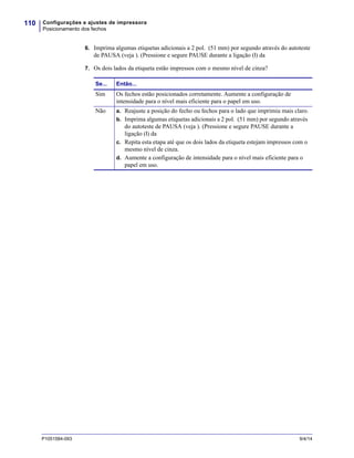 Configurações e ajustes de impressora
Posicionamento dos fechos
110
P1051584-093 9/4/14
6. Imprima algumas etiquetas adicionais a 2 pol. (51 mm) por segundo através do autoteste
de PAUSA (veja ). (Pressione e segure PAUSE durante a ligação (I) da
7. Os dois lados da etiqueta estão impressos com o mesmo nível de cinza?
Se... Então...
Sim Os fechos estão posicionados corretamente. Aumente a configuração de
intensidade para o nível mais eficiente para o papel em uso.
Não a. Reajuste a posição do fecho ou fechos para o lado que imprimiu mais claro.
b. Imprima algumas etiquetas adicionais a 2 pol. (51 mm) por segundo através
do autoteste de PAUSA (veja ). (Pressione e segure PAUSE durante a
ligação (I) da
c. Repita esta etapa até que os dois lados da etiqueta estejam impressos com o
mesmo nível de cinza.
d. Aumente a configuração de intensidade para o nível mais eficiente para o
papel em uso.
 