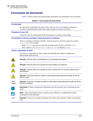 Sobre este documento
Convenções do documento
12
P1051584-093 9/4/14
Convenções do documento
Tabela 1 mostra a forma como determinadas informações são transmitidas neste documento.
Tabela 1 • Convenções do documento
Cor alternada
Se você estiver visualizando este guia on-line, clique no texto azul usado para referências
cruzadas ou hiperlinks para visitar outras seções no guia ou em sites na internet.
Exemplos do visor LCD
O texto do visor de cristal líquido (LCD) da impressora é exibido na fonte Arial.
Os exemplos na linha de comandos, nomes de arquivos e diretórios
Todos os exemplos na linha de comando, nomes de arquivos e diretórios aparecem na fonte
Courier New. Por exemplo:
Digite ZTools para que os scripts pós-instalação sejam levados ao diretório /bin.
Abra o arquivo Zebra<version number>.tar no diretório /root.
Ícones e expressões de alerta
Os ícones e as expressões de alerta a seguir são utilizados para chamar a atenção para
determinadas partes do texto.
Atenção • Adverte sobre a possibilidade de uma descarga eletrostática.
Atenção • Adverte sobre uma situação de choque elétrico em potencial.
Atenção • Adverte sobre uma situação na qual o aquecimento em excesso pode provocar
queimaduras.
Atenção • Avisa que a falha ao adotar ou evitar determinada ação pode resultar em danos
físicos a você.
(Sem
ícone)
Atenção • Avisa que uma falha ao adotar ou evitar determinada ação pode resultar em danos
físicos ao hardware.
Importante • Chama a atenção para informações que são essenciais para a conclusão de uma
tarefa.
Nota • Indica informações neutras ou positivas que enfatizam ou complementam pontos
importantes do texto principal.
Exemplo • Fornece um exemplo, geralmente um cenário, para esclarecer melhor uma seção do
texto.
 