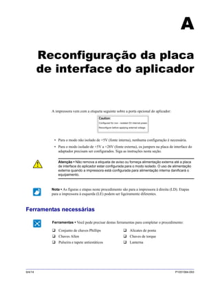 9/4/14 P1051584-093
A
Reconfiguração da placa
de interface do aplicador
A impressora vem com a etiqueta seguinte sobre a porta opcional do aplicador:
• Para o modo não isolado de +5V (fonte interna), nenhuma configuração é necessária.
• Para o modo isolado de +5V a +28V (fonte externa), os jumpers na placa de interface do
adaptador precisam ser configurados. Siga as instruções nesta seção.
Ferramentas necessárias
Atenção • Não remova a etiqueta de aviso ou forneça alimentação externa até a placa
de interface do aplicador estar configurada para o modo isolado. O uso de alimentação
externa quando a impressora está configurada para alimentação interna danificará o
equipamento.
Nota • As figuras e etapas neste procedimento são para a impressora à direita (LD). Etapas
para a impressora à esquerda (LE) podem ser ligeiramente diferentes.
Ferramentas • Você pode precisar destas ferramentas para completar o procedimento:
 Conjunto de chaves Phillips
 Chaves Allen
 Pulseira e tapete antiestáticos
 Alicates de ponta
 Chaves de torque
 Lanterna
 