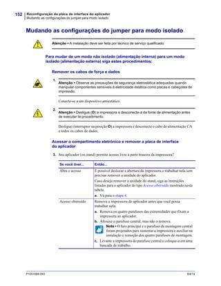 Reconfiguração da placa de interface do aplicador
Mudando as configurações do jumper para modo isolado
152
P1051584-093 9/4/14
Mudando as configurações do jumper para modo isolado
Para mudar de um modo não isolado (alimentação interna) para um modo
isolado (alimentação externa) siga estes procedimentos:
Remover os cabos de força e dados
1.
2.
Acessar o compartimento eletrônico e remover a placa de interface
do aplicador
3. Seu aplicador (ou stand) permite acesso livre à parte traseira da impressora?
Atenção • A instalação deve ser feita por técnico de serviço qualificado.
Atenção • Observe as precauções de segurança eletrostática adequadas quando
manipular componentes sensíveis à eletricidade estática como placas e cabeçotes de
impressão.
Conecte-se a um dispositivo antiestático.
Atenção • Desligue (O) a impressora e desconecte-a da fonte de alimentação antes
de executar te procedimento.
Desligue (interruptor na posição O) a impressora e desconecte o cabo de alimentação CA
e todos os cabos de dados.
Se você tiver... Então...
Abra o acesso É possível deslocar a abertura da impressora e trabalhar nela sem
precisar remover a unidade do aplicador.
Caso deseje remover a unidade do stand, siga as instruções
listadas para o aplicador do tipo Acesso obstruído mostrado nesta
tabela.
a. Vá para o etapa 4.
Acesso obstruído Remova a impressora do aplicador antes que você possa
trabalhar nela.
a. Remova os quatro parafusos das extremidades que fixam a
impressora ao aplicador.
b. Afrouxe o parafuso central, mas não o remova.
Nota • O furo principal e o parafuso de montagem central
foram projetados para sustentar a impressora e auxiliar na
instalação e remoção dos quatro parafusos de montagem.
c. Levante a impressora do parafuso central e coloque-a em uma
bancada de trabalho.
 