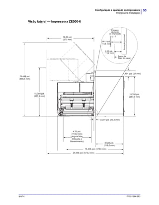 53Configuração e operação da impressora
Impressora: Instalação
9/4/14 P1051584-093
Visão lateral — Impressora ZE500-6
0,613 pol.
(15,6 mm)
0,52 pol.
(13,2 mm)
Borda da
fita e do papel
Primeiro
elemento
de impressão
Armaçãoprincipal
1,454 pol. (37 mm)
10,356 pol.
(263,0 mm)
23,049 pol.
(585,5 mm)
15,389 pol.
(390,9 mm)
14,86 pol.
(377 mm)
0,394 pol. (10,0 mm)
16,406 pol. (378,6 mm)
24,066 pol. (573,2 mm)
8,582 pol.
(218,0 mm)
4,50 pol.
(114,3 mm)
Largura Máx.
(Etiqueta e
Revestimento)
 