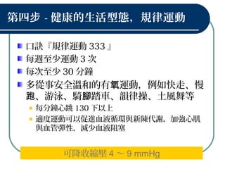 第四步 - 健康的生活型態，規律運動
口訣『規律運動 333 』
每週至少運動 3 次
每次至少 30 分鐘
多從事安全溫和的有 運動，例如快走、慢氧
、游泳、騎 踏車、韻律操、土風舞等跑 腳
每分鐘心跳 130 下以上
適度運動可以促進血液循環與新陳代謝，加強心肌
與血管彈性，減少血液阻塞
可降收縮壓 4 ～ 9 mmHg
 