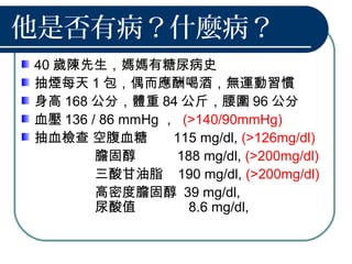 他是否有病？什麼病？
40 歲陳先生，媽媽有糖尿病史
抽煙每天 1 包，偶而應酬喝酒，無運動習慣
身高 168 公分，體重 84 公斤，腰圍 96 公分
血壓 136 / 86 mmHg ， (>140/90mmHg)
抽血檢查 空腹血糖 115 mg/dl, (>126mg/dl)
膽固醇 188 mg/dl, (>200mg/dl)
三酸甘油脂 190 mg/dl, (>200mg/dl)
高密度膽固醇 39 mg/dl,
尿酸值 8.6 mg/dl,
 