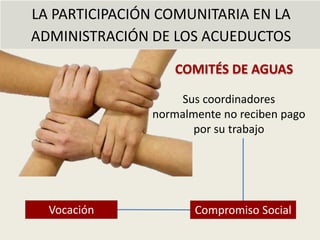 LA PARTICIPACIÓN COMUNITARIA EN LA
ADMINISTRACIÓN DE LOS ACUEDUCTOS
COMITÉS DE AGUAS
Sus coordinadores
normalmente no reciben pago
por su trabajo
Vocación Compromiso Social
 