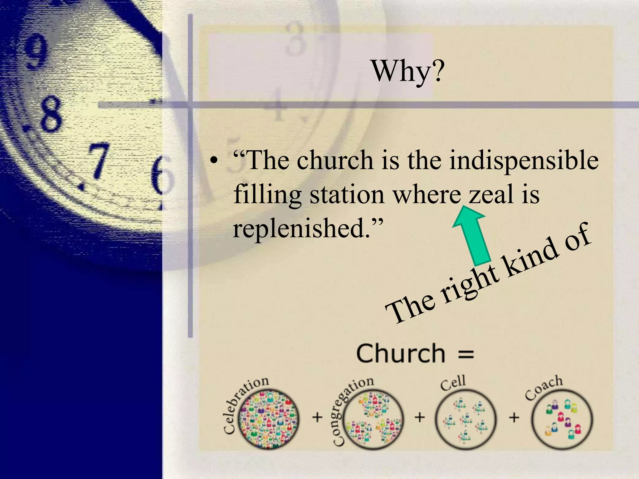 Why?
• “The church is the indispensible
filling station where zeal is
replenished.”

 