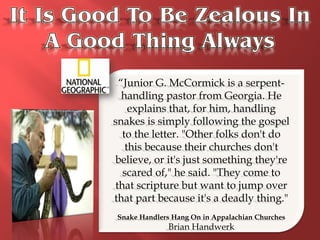 “Junior G. McCormick is a serpent-
  handling pastor from Georgia. He
    explains that, for him, handling
snakes is simply following the gospel
  to the letter. "Other folks don't do
   this because their churches don't
believe, or it's just something they're
  scared of," he said. "They come to
that scripture but want to jump over
that part because it's a deadly thing."
Snake Handlers Hang On in Appalachian Churches
             Brian Handwerk
 