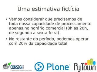 Uma estimativa fictícia
● Vamos considerar que precisamos de
toda nossa capacidade de processamento
apenas no horário comercial (8h as 20h,
de segunda a sexta-feira)
● No restante do período, podemos operar
com 20% da capacidade total
 