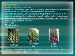 GREEN WALL
Location: West face, south face
Other than producing oxygen, vertical greenery has the benefit of reducing heat
transmittance and lessening the effect of Urban Heat Islands.
The intent of installing vertical greenery is to study the effectiveness of these
systems on reducing the heat transfer through building walls into the interior
building space and the possible energy savings. The three types of vertical
system being tested in ZEB are:
Panel type
Mini planter box
Cage system.
Temperature sensors are placed on the surface behind the vertical greenery, on
the external façade and under the plants
Panel Type
Mini Planter
Box
Cage
System
 