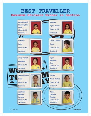5 APRIL 2018 ZEBAR MATTERS
BEST TRAVELLER
Maximum Stickers Winner in Section
Karmveersinh	
Dharmrajbhai
Wala
Class : Jr. K...