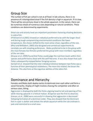 Group Size
The number of fish per school is not at all fixed. In lab cultures, there is no
presence of a distinguished shoal if the fish density is high in aquarium. If it is low,
There will be one primary shoal in the whole aquarium. In the nature, there can
be numerous shoals of numerous sizes depending on natural conditions. These
conditions are determined by experiments.

Shoal size and activity level are important parameters factoring shoaling decisions
in zebra-fish.
(Pritchard et al,2001) showed an individual preferred to be with the larger shoal
and during tough compromising environmental conditions like lower
temperature, the choice shifted to the most active shoal, regardless of the size.
(Rhul and McRobert, 2005) also designed and carried out experiments to
correlate sex with shoaling preferences. Males preferred to be in the group with
the most females but females preferred the group with most members regardless
of the sex ratio.
(Krause et al.,1999) found that fishes could judge the nutrition levels within their
species and preferred to shoal with the well-fed ones. It was also shown that such
fishes subsequently enjoyed better foraging success.
Gerlach et al. showed that the inter-individual distance between two fishes was a
function of their phenotypical relatedness; The more the related, the lesser the
distance. This also hints at the cognitive abilities of the zebra-fish.
.


Dominance and Hierarchy
Females and Males both deploy tactics to dominate over each other and form a
social hierarchy. Display of might involves chasing the competitor and often on
serious cases, biting.
Aggression is displayed by both the fishes aligning head to tail and opening of fins
while moving upwards in a helical motion. (R.Spence was the first to observe).
(Larson, et al., 2006) were successful in showing that aggression is decreased
following formation of a dominion order. They also showed that the Dominant
fish in a pair is darker and utilizes the whole aquarium while the sub-ordinate is
pale and restricted to a small area.
 