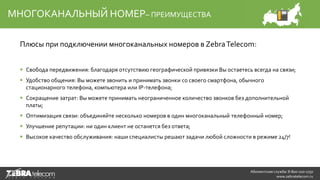Плюсы при подключении многоканальных номеров в ZebraTelecom:
Абонентская служба: 8-800-100-1750
www.zebratelecom.ru
МНОГОК...