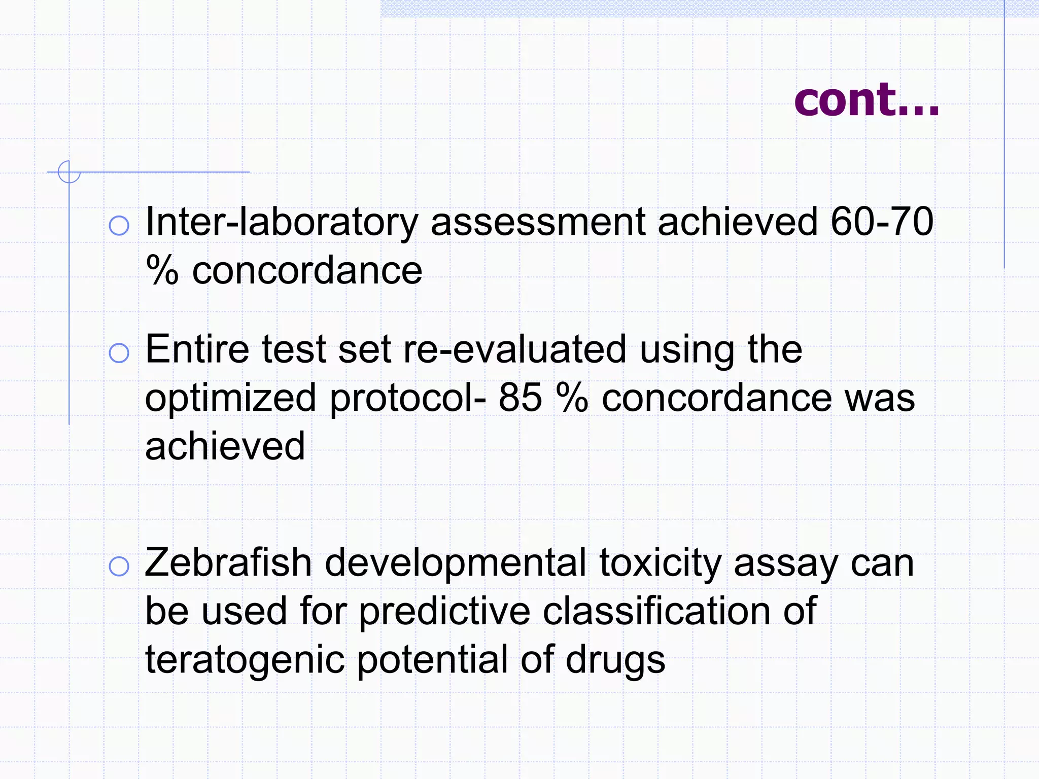 cont…
o Inter-laboratory assessment achieved 60-70
% concordance
o Entire test set re-evaluated using the
optimized protocol- 85 % concordance was
achieved
o Zebrafish developmental toxicity assay can
be used for predictive classification of
teratogenic potential of drugs
 