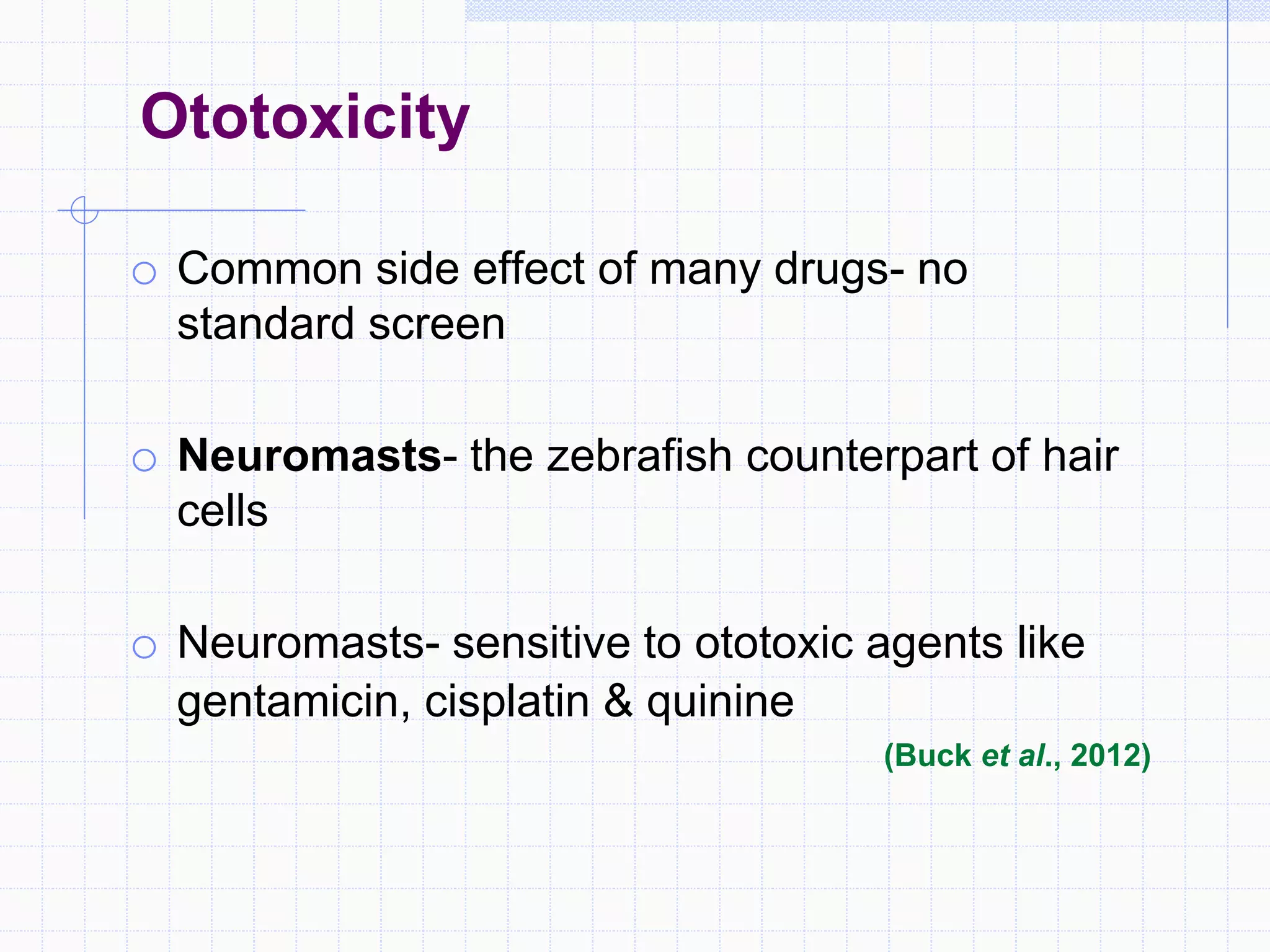Ototoxicity
o Common side effect of many drugs- no
standard screen
o Neuromasts- the zebrafish counterpart of hair
cells
o Neuromasts- sensitive to ototoxic agents like
gentamicin, cisplatin & quinine
(Buck et al., 2012)
 