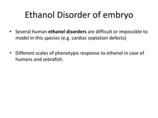 Ethanol Disorder of embryo
• Several human ethanol disorders are difficult or impossible to
model in this species (e.g. cardiac septation defects)
• Different scales of phenotypic response to ethanol in case of
humans and zebrafish.
 