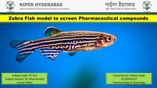 Zebra Fish model to screen Pharmaceutical compounds
Presented by: Aditya Singh
PC/2019/212
Pharmacology & Toxicology
Subject code: PC-611
Subject teacher: Dr. Dharmendra
Kumar Khatri
 