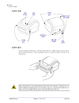 소개
상자의 내용물
4
980608-081 Rev. C GK420d ™ 사용자 안내서 2010-10-21
프린터 외관
프린터 열기
미디어 보관함을 살펴보려면 , 프린터를 열어야 합니다 . 개방용 래치를 사용자 쪽으로
당겨서 덮개를 여십시오 . 미디어 보관함의 부품 중 느슨하거나 손상된 곳이 있는지 점
검하십시오 .
인터페이스
커넥터
급지
버튼
상태
표시등
개방용
래치
개방용
래치
DC 전원
연결부 전원
스위치
팬폴드미디어
급지 슬롯
주의 • 신체 표면 또는 기타 표면에 축적되는 정전기 에너지가 방전되면 , 인쇄 헤드 또는 이
장치에 사용된 전자 부품을 손상시키거나 파손할 수 있습니다 . 윗상단 덮개 아래에 있는 인
쇄헤드 또는 전자 부품을 다룰 때는 정전기 방지 절차를 준수해야 합니다 .
 
