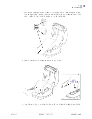 13시작
롤 미디어 장착
2010-10-21 GK420d ™ 사용자 안내서 980608-081 Rev. C
3. 미디어가 프린터 전면부 밖으로 빠져나오도록 당기십시오 . 롤이 자유롭게 회전하
는지 확인하십시오 . 롤이 미디어 보관함의 바닥에 놓여있는 상태가 되어서는 안됩
니다 . 미디어의 인쇄면이 위를 향하고 있는지 확인하십시오 .
4. 양쪽 미디어 가이드의 아래로 용지를 밀어 넣으십시오 .
5. 프린터를 닫으십시오 . 덮개가 밀착되어 찰깍 소리가 나며 물릴 때까지 누르십시오 .
미디어
가이드 아래
 