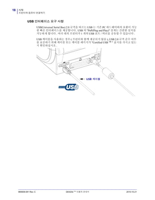 시작
프린터와 컴퓨터 연결하기
18
980608-081 Rev. C GK420d ™ 사용자 안내서 2010-10-21
USB 인터페이스 요구 사항
USB(Universal Serial Bus) 2.0 규격을 따르는 USB 는 기존 PC 하드웨어와의 호환이 가능
한 빠른 인터페이스를 제공합니다 . USB 의 "PnP(Plug and Play)" 설계는 간편한 설치를
가능하게 합니다 . 여러 대의 프린터가 1 개의 USB 포트 / 허브를 공유할 수 있습니다 .
USB 케이블을 사용하는 경우 ( 프린터와 함께 제공되지 않음 ), USB 2.0 규격 준수 여부
를 보증하기 위해 케이블 또는 케이블 패키지가 "Certified USB ™ " 표시를 가지고 있는
지 확인하십시오 .
.
USB 케이블
 