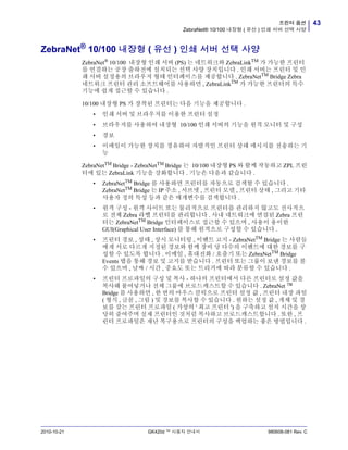 43프린터 옵션
ZebraNet® 10/100 내장형 ( 유선 ) 인쇄 서버 선택 사양
2010-10-21 GK420d ™ 사용자 안내서 980608-081 Rev. C
ZebraNet®
10/100 내장형 ( 유선 ) 인쇄 서버 선택 사양
ZebraNet®
10/100 내장형 인쇄 서버 (PS) 는 네트워크와 ZebraLinkTM
가 가능한 프린터
를 연결하는 공장 출하전에 설치되는 선택 사양 장치입니다 . 인쇄 서버는 프린터 및 인
쇄 서버 설정용의 브라우저 형태 인터페이스를 제공합니다 . ZebraNetTM Bridge Zebra
네트워크 프린터 관리 소프트웨어를 사용하면 , ZebraLinkTM
가 가능한 프린터의 특수
기능에 쉽게 접근할 수 있습니다 .
10/100 내장형 PS 가 장착된 프린터는 다음 기능을 제공합니다 .
• 인쇄 서버 및 브라우저를 이용한 프린터 설정
• 브라우저를 사용하여 내장형 10/100 인쇄 서버의 기능을 원격 모니터 및 구성
• 경보
• 이메일이 가능한 장치를 경유하여 자발적인 프린터 상태 메시지를 전송하는 기
능
ZebraNetTM
Bridge - ZebraNetTM
Bridge 는 10/100 내장형 PS 와 함께 작동하고 ZPL 프린
터에 있는 ZebraLink 기능을 강화합니다 . 기능은 다음과 같습니다 .
• ZebraNetTM Bridge 를 사용하면 프린터를 자동으로 검색할 수 있습니다 .
ZebraNetTM
Bridge 는 IP 주소 , 서브넷 , 프린터 모델 , 프린터 상태 , 그리고 기타
사용자 정의 특성 등과 같은 매개변수를 검색합니다 .
• 원격 구성 - 원격 사이트 또는 물리적으로 프린터를 관리하지 않고도 전사적으
로 전체 Zebra 라벨 프린터를 관리합니다 . 사내 네트워크에 연결된 Zebra 프린
터는 ZebraNetTM Bridge 인터페이스로 접근할 수 있으며 , 사용이 용이한
GUI(Graphical User Interface) 를 통해 원격으로 구성할 수 있습니다 .
• 프린터 경보 , 상태 , 상시 모니터링 , 이벤트 고지 - ZebraNetTM Bridge 는 사람들
에게 서로 다르게 지정된 경보와 함께 장비 당 다수의 이벤트에 대한 경보를 구
성할 수 있도록 합니다 . 이메일 , 휴대전화 / 호출기 또는 ZebraNetTM Bridge
Events 탭을 통해 경보 및 고지를 받습니다 . 프린터 또는 그룹이 보낸 경보를 볼
수 있으며 , 날짜 / 시간 , 중요도 또는 트리거에 따라 분류할 수 있습니다 .
• 프린터 프로파일의 구성 및 복사 - 하나의 프린터에서 다른 프린터로 설정 값을
복사해 붙여넣거나 전체 그룹에 브로드캐스트할 수 있습니다 . ZebraNet ™
Bridge 를 사용하면 , 한 번의 마우스 클릭으로 프린터 설정 값 , 프린터 내장 파일
( 형식 , 글꼴 , 그림 ) 및 경보를 복사할 수 있습니다 . 원하는 설정 값 , 개체 및 경
보를 갖는 프린터 프로파일 ( 가상의 ' 최고 프린터 ') 을 구축하고 설치 시간을 상
당히 줄여주며 실제 프린터인 것처럼 복사하고 브로드캐스트합니다 . 또한 , 프
린터 프로파일은 재난 복구용으로 프린터의 구성을 백업하는 좋은 방법입니다 .
 