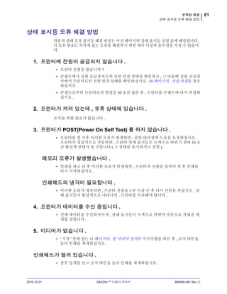 61문제점 해결
상태 표시등 오류 해결 방법
2010-10-21 GK420d ™ 사용자 안내서 980608-081 Rev. C
상태 표시등 오류 해결 방법
다음의 상태 오류 표시등 해결 번호는 이전 페이지의 상대 표시등 설명 표에 해당됩니다 .
각 오류 번호는 목록에 있는 오류를 해결하기 위한 하나 이상의 솔루션을 가질 수 있습니
다 .
1. 프린터에 전원이 공급되지 않습니다 .
• 프린터 전원을 켰습니까 ?
• 콘센트에서 전원 공급장치로의 전원 연결 상태를 확인하고 , 그 다음에 전원 공급장
치에서 프린터로의 전원 연결 상태를 확인하십시오 . 10 페이지의 전원 연결을 참조
하십시오 .
• 콘센트로부터 프린터로의 연결을 30 초간 끊은 후 , 프린터를 콘센트에 다시 연결하
십시오 .
2. 프린터가 켜져 있는데 , 유휴 상태에 있습니다 .
조치를 취할 필요가 없습니다 .
3. 프린터가 POST(Power On Self Test) 를 하지 않습니다 .
• 프린터를 켠 직후 이러한 오류가 발생하면 , 공인 대리점에 도움을 요청하십시오 .
프린터가 정상적으로 작동하면 , 프린터 상태 표시등은 녹색으로 바뀌기 전에 10 초
간 황갈색 상태가 될 것입니다 ( 그 상태를 유지하거나 점멸 ).
메모리 오류가 발생했습니다 .
• 인쇄를 하고 난 후 이러한 오류가 발생하면 , 프린터의 전원을 껐다가 켠 후 인쇄를
다시 시작하십시오 .
인쇄헤드의 냉각이 필요합니다 .
• 이러한 오류가 계속되면 , 프린터 전원을 5 분 이상 끈 후 다시 전원을 켜십시오 . 상
태 표시등이 황갈색으로 나타나면 , 프린터를 수리해야 합니다 .
4. 프린터가 데이터를 수신 중입니다 .
• 전체 데이터를 수신하자마자 , 상태 표시등이 녹색으로 바뀌며 자동으로 작업을 재
개할 것입니다 .
5. 미디어가 없습니다 .
• ' 시작 ' 장에 있는 11 페이지의 롤 미디어 장착의 지시사항을 따른 후 , 급지 버튼을
눌러 인쇄를 재개하십시오 .
인쇄헤드가 열려 있습니다 .
• 상부 덮개를 닫고 급지 버튼을 눌러 인쇄를 재개하십시오 .
 