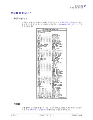 67문제점 해결
문제점 해결 테스트
2010-10-21 GK420d ™ 사용자 안내서 980608-081 Rev. C
문제점 해결 테스트
구성 라벨 인쇄
프린터의 현재 구성 목록을 인쇄하려면 , 이 장에 있는 70 페이지의 급지 버튼 모드의 1
회 점멸 순서를 참조하십시오 . 이 라벨을 인쇄하는 방법은 83 페이지의 부록 : ZPL 구성
를 참조하십시오 .
재보정
라벨 생략과 같은 이상한 징후가 나타나기 시작하면 , 프린터를 재보정하십시오 . 이 장
에 있는 70 페이지의 급지 버튼 모드의 2 회 점멸 순서를 참조하십시오 .
 