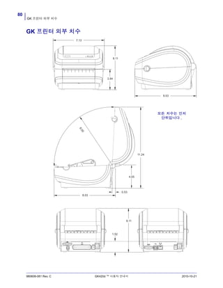 GK 프린터 외부 치수
80
980608-081 Rev. C GK420d ™ 사용자 안내서 2010-10-21
GK 프린터 외부 치수
7.13
6.11
2.84
8.53
8.00
8.53
0.53
4.05
11.24
모든 치수는 인치
단위입니다 .
6.11
1.52
 