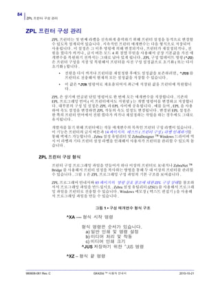 ZPL 프린터 구성 관리
84
980608-081 Rev. C GK420d ™ 사용자 안내서 2010-10-21
ZPL 프린터 구성 관리
ZPL 프린터는 첫 번째 라벨을 신속하게 출력하기 위해 프린터 설정을 동적으로 변경할
수 있도록 설계되어 있습니다 . 지속적인 프린터 매개변수는 다음 형식으로 저장되어
사용됩니다 . 이 설정은 그 이후 명령에 의해 변경되거나 , 프린터가 재설정되거나 , 전
원을 껐다가 켜거나 , 급지 버튼 모드 4 회 점멸 루틴을 사용해서 공장 기본값을 가진 매
개변수를 복원하기 전까지는 그대로 남아 있게 됩니다 . ZPL 구성 업데이트 명령 (^JU)
은 프린터 구성을 저장 및 복원해서 프린터를 사전 구성 설정값으로 초기화 ( 또는 다시
초기화 ) 합니다 .
• 전원을 다시 켜거나 프린터를 재설정한 후에도 설정값을 보존하려면 , ^JUS 를
프린터로 전송해서 현재의 모든 설정값을 저장할 수 있습니다 .
• 이 값은 ^JUR 명령어로 재호출되어서 최근에 저장된 값을 프린터에 복원합니
다 .
ZPL 은 상기에 언급된 단일 명령어로 한 번에 모든 매개변수를 저장합니다 . 기존의
EPL 프로그래밍 언어 ( 이 프린터에서도 지원됨 ) 는 개별 명령어를 변경하고 저장합니
다 . 대부분의 구성 및 설정은 ZPL 과 EPL 사이에 공유됩니다 . 예를 들어 , EPL 을 사용
하여 속도 설정을 변경하면 ZPL 작동의 속도 설정도 변경됩니다 . 변경된 EPL 설정은
한 쪽의 프린터 언어에서 전원 껐다가 켜거나 재설정하는 작업을 하는 경우에도 그대로
유지됩니다 .
개발자를 돕기 위해 프린터에는 작동 매개변수의 목록인 프린터 구성 라벨이 있습니다 .
이 기능은 프린터의 급지 버튼과 14 페이지의 테스트 ( 프린터 구성 ) 라벨 인쇄하기를
통해 액세스 가능합니다 . Zebra 설정 유틸리티 및 ZebraDesigner ™ Windows 드라이버 역
시 이 라벨과 기타 프린터 설정 라벨을 인쇄해서 사용자가 프린터를 관리할 수 있도록 돕
습니다 .
ZPL 프린터 구성 형식
프린터 구성 프로그래밍 파일을 만들어서 하나 이상의 프린터로 보내거나 ZebraNet ™
Bridge 를 사용해서 프린터 설정을 복사하는 방법을 통해 두 대 이상의 프린터를 관리할
수 있습니다 . 그림 1 은 ZPL 프로그래밍 구성 파일의 기본 구조를 보여줍니다 .
ZPL 프로그래머 안내서와 85 페이지의 명령 상호 참조에 대한 ZPL 구성 상태를 참조하
셔서 프로그래밍 파일을 만드십시오 . Zebra 설정 유틸리티 (ZSU) 를 사용해서 프로그래
밍 파일을 프린터로 전송할 수 있습니다 . Windows 메모장 ( 텍스트 편집기 ) 을 사용해
서 프로그래밍 파일을 만들 수 있습니다 .
그림 1 • 구성 매개변수 형식 구조
^XA –--
a)
b)
c)
^JUS
^XZ –
 